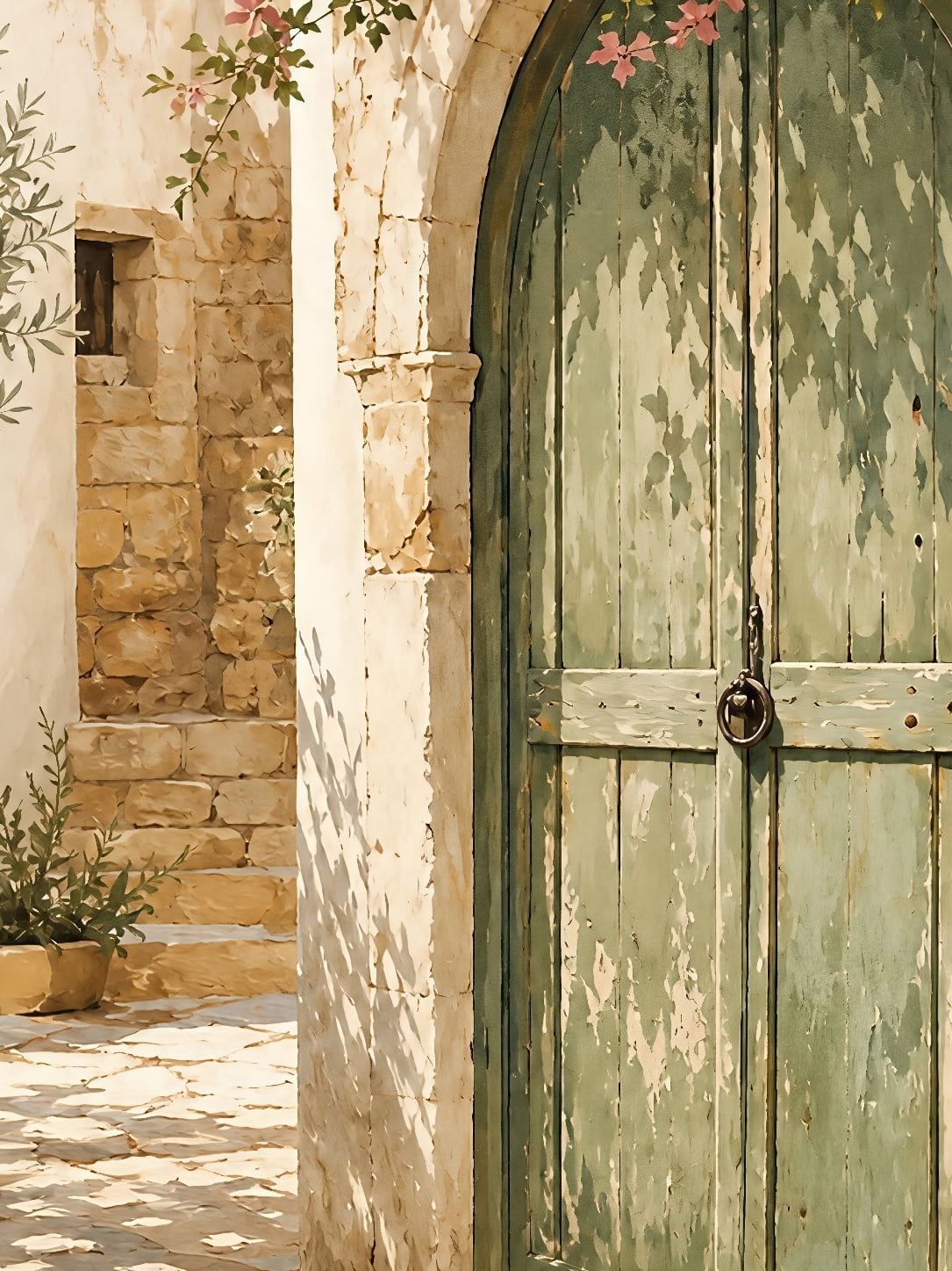 Detail a taille reelle du tirage, affiche provence porte verte mallorca paysage