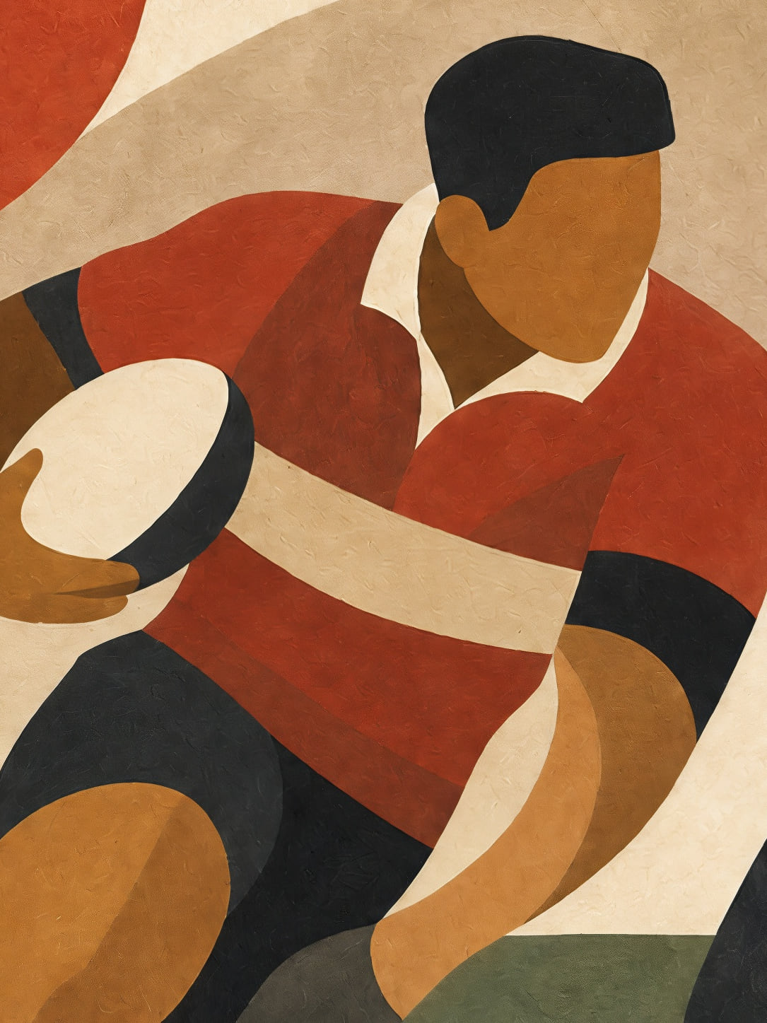 Detail a taille reelle du tirage, affiche rugby course balle en main tons de terre paysage