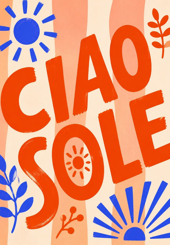 Affiche Ciao Sole typographie orange rayures et soleils bleus