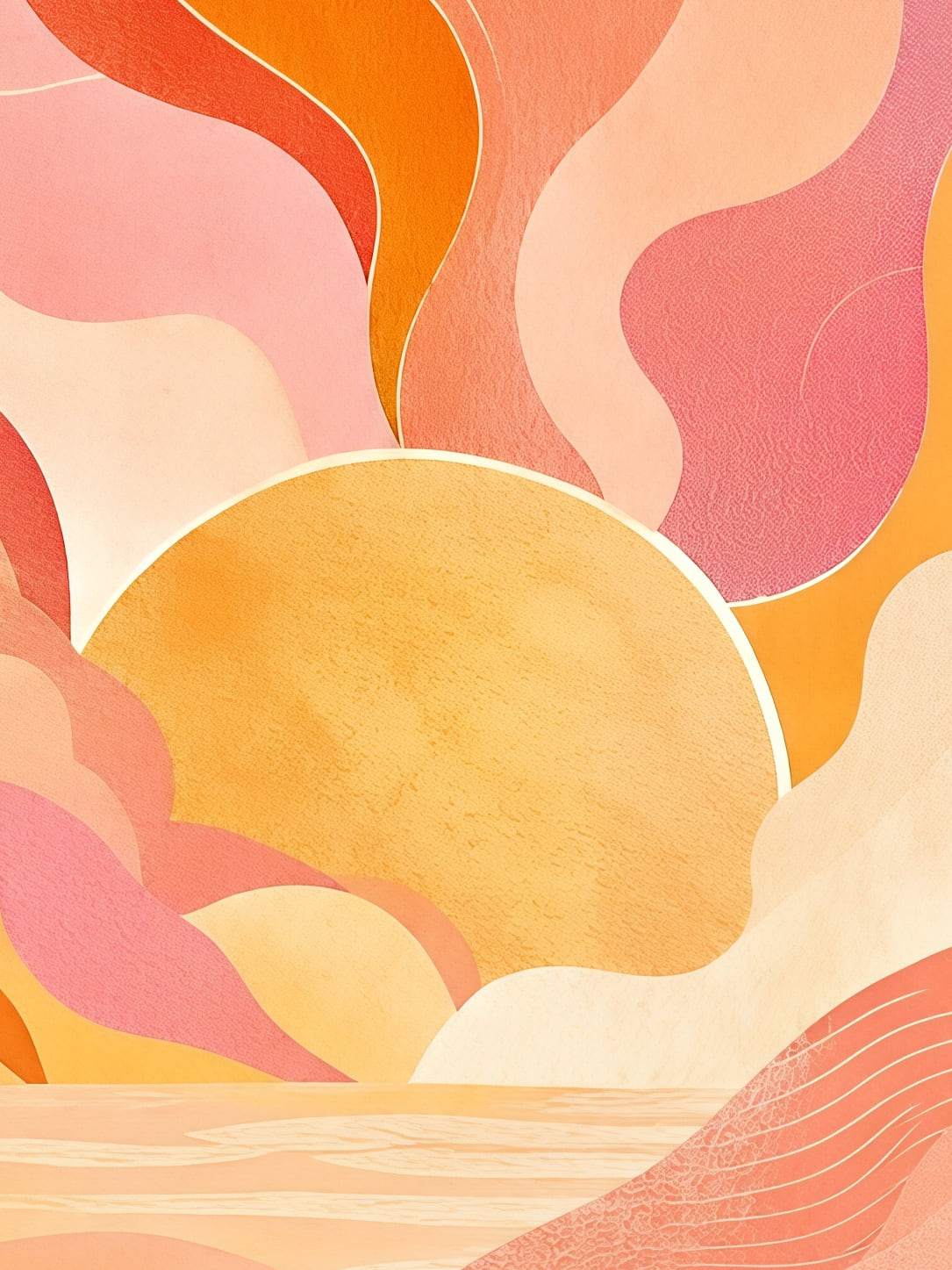 Detail a taille reelle du tirage, affiche soleil coucher rose et collines ondulantes