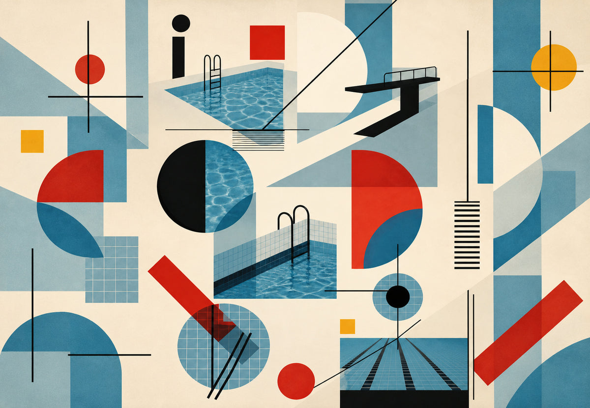 Schwimmbad und Sprungbrett in geometrischen Formen (Querformat)
