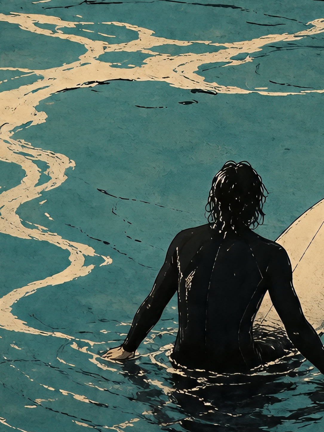 Detail a taille reelle du tirage, affiche surf face a la vague sous le soleil orange