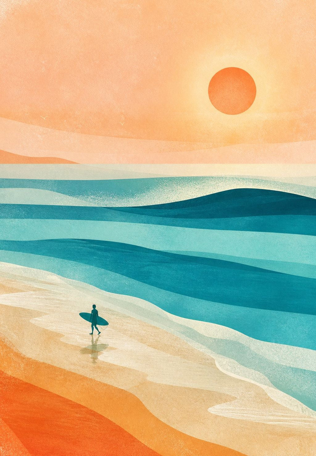 Le surfeur sur le sable au couchant