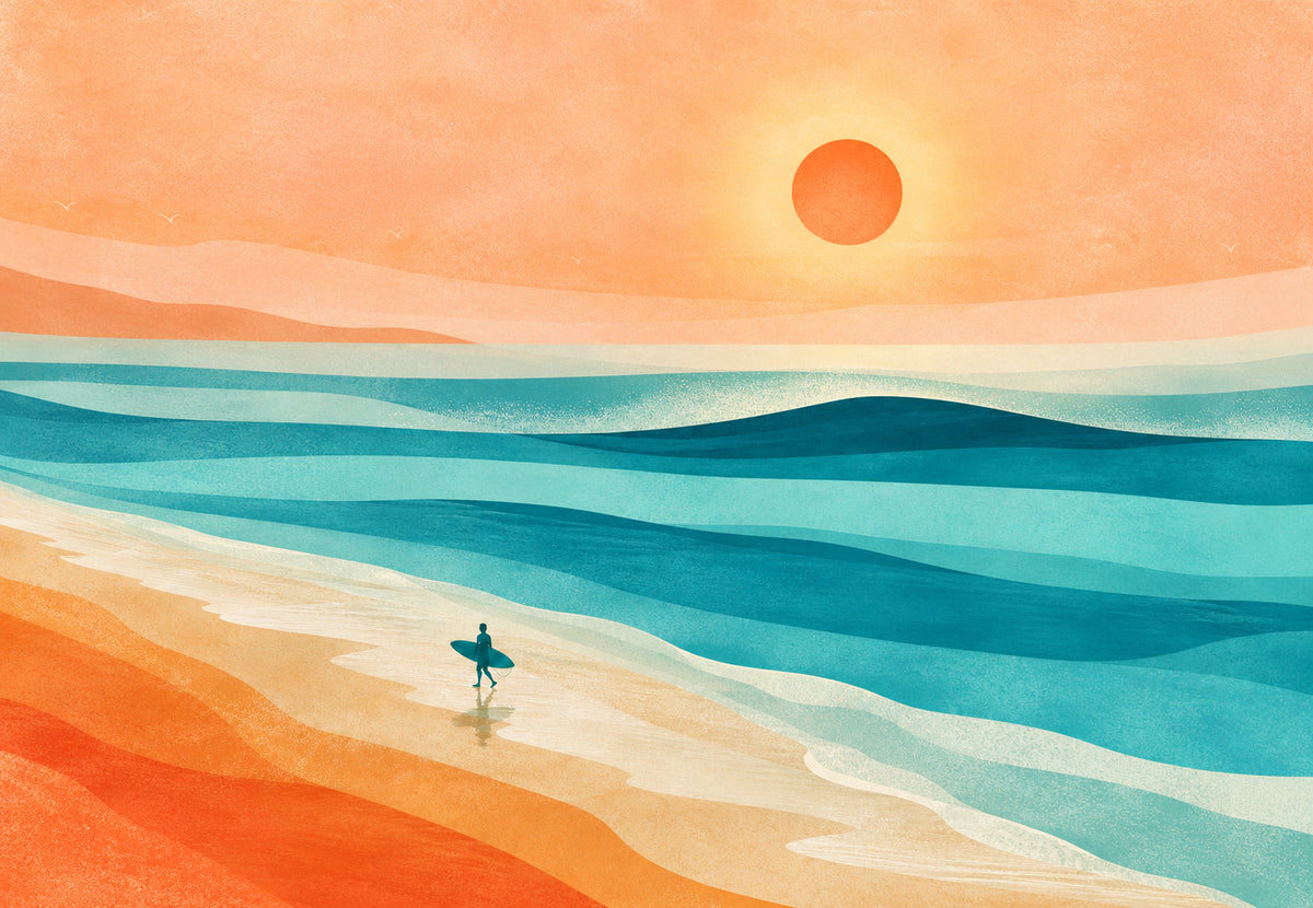 The surfer on the sand at sundown (Landscape)