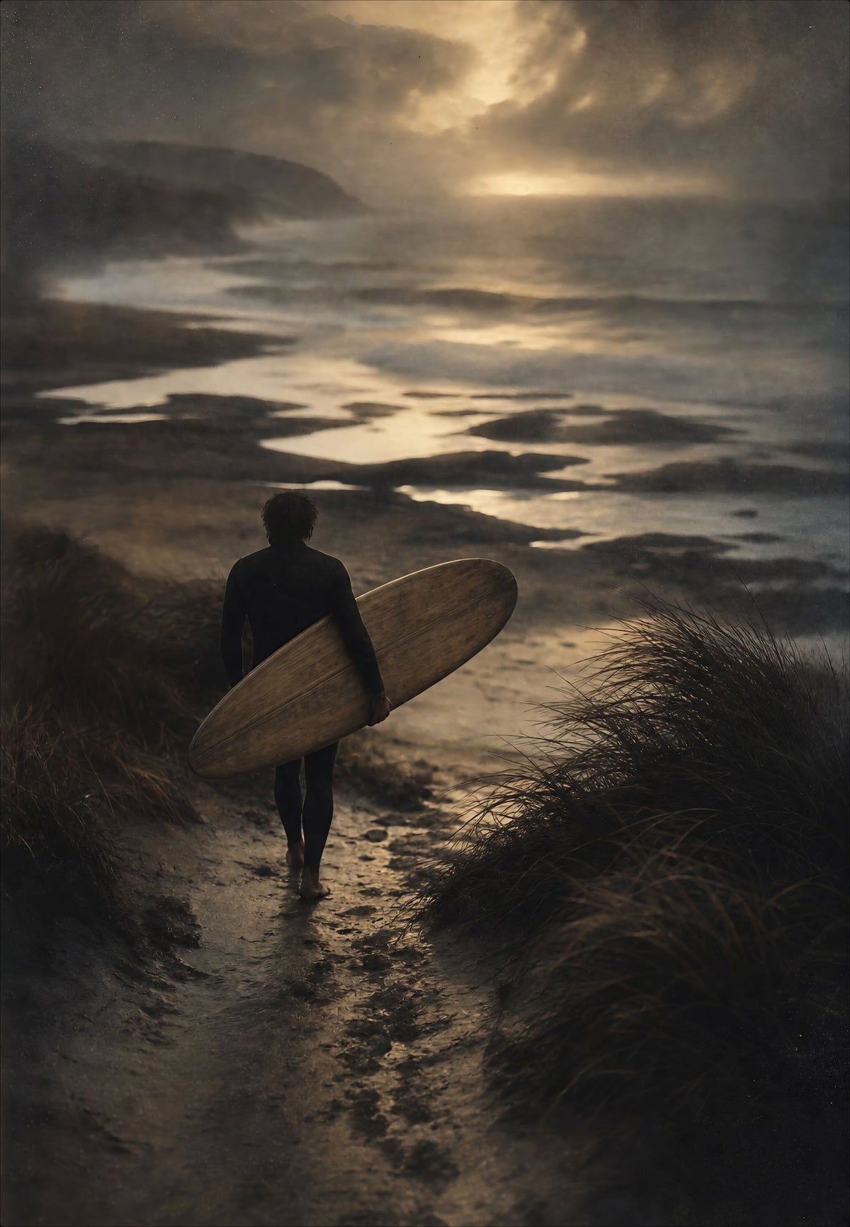 Le surfeur sur le sentier au crépuscule