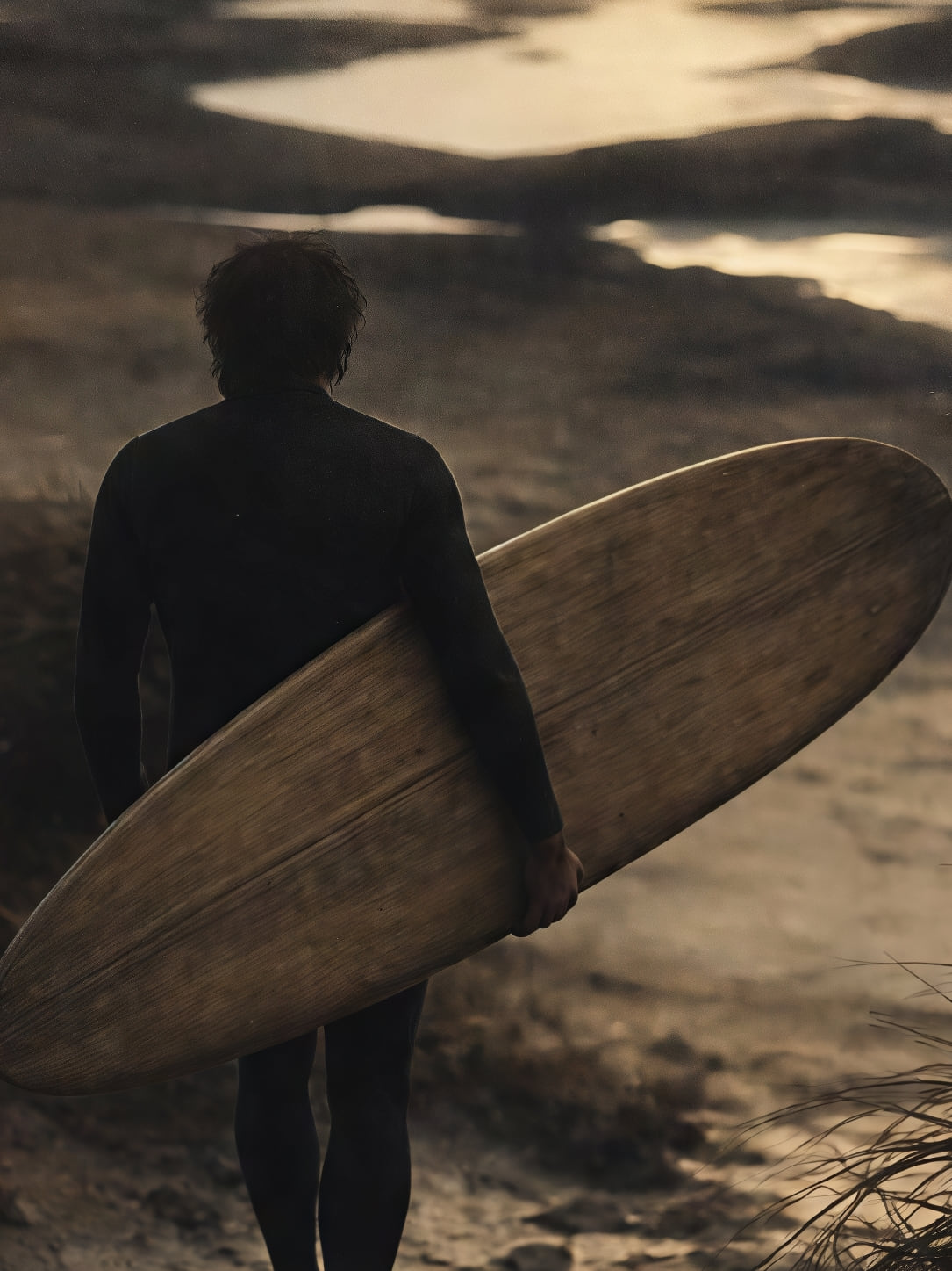 Detail a taille reelle du tirage, affiche surf le surfeur sur le sentier au crepuscule