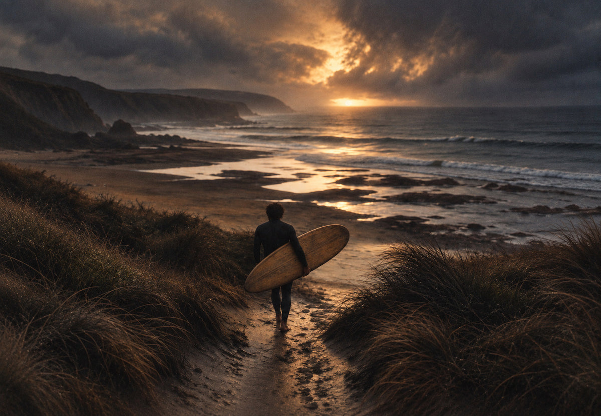 Der Surfer auf dem Pfad in der Dämmerung (Querformat)