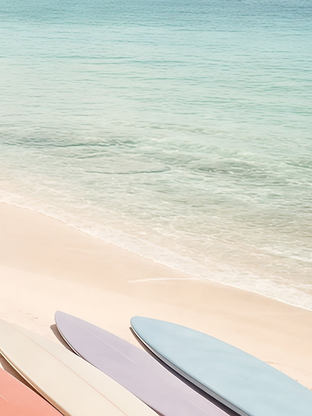 Detail a taille reelle du tirage, affiche surf planches pastel sur sable blanc