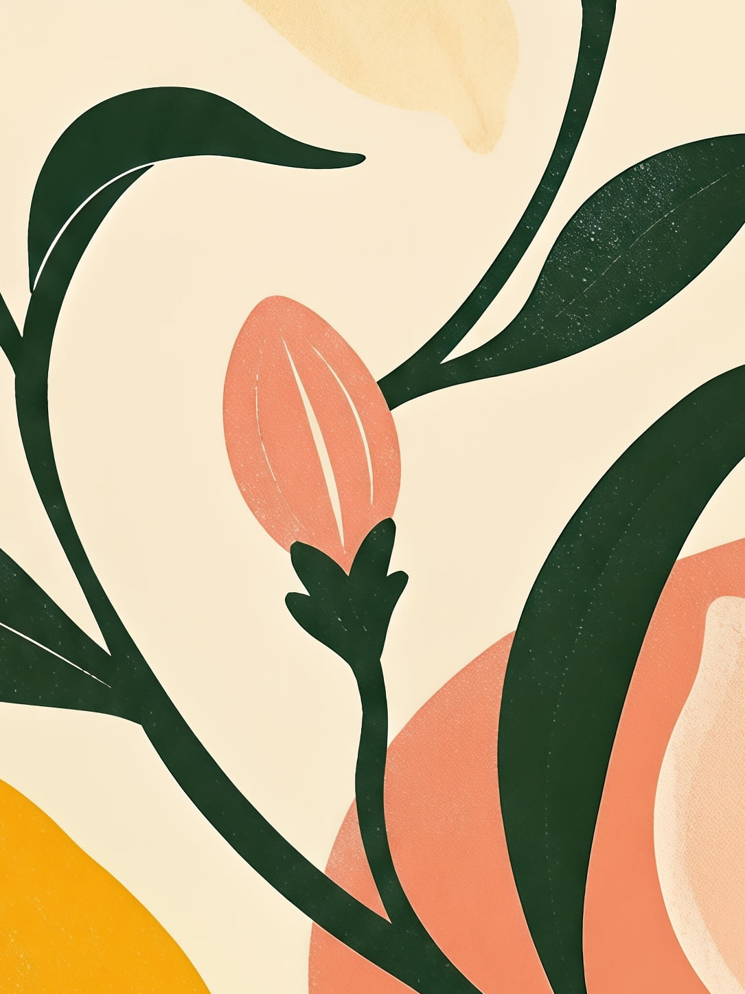 Detail a taille reelle du tirage, affiche tendances deco agrumes fleurs fond peche