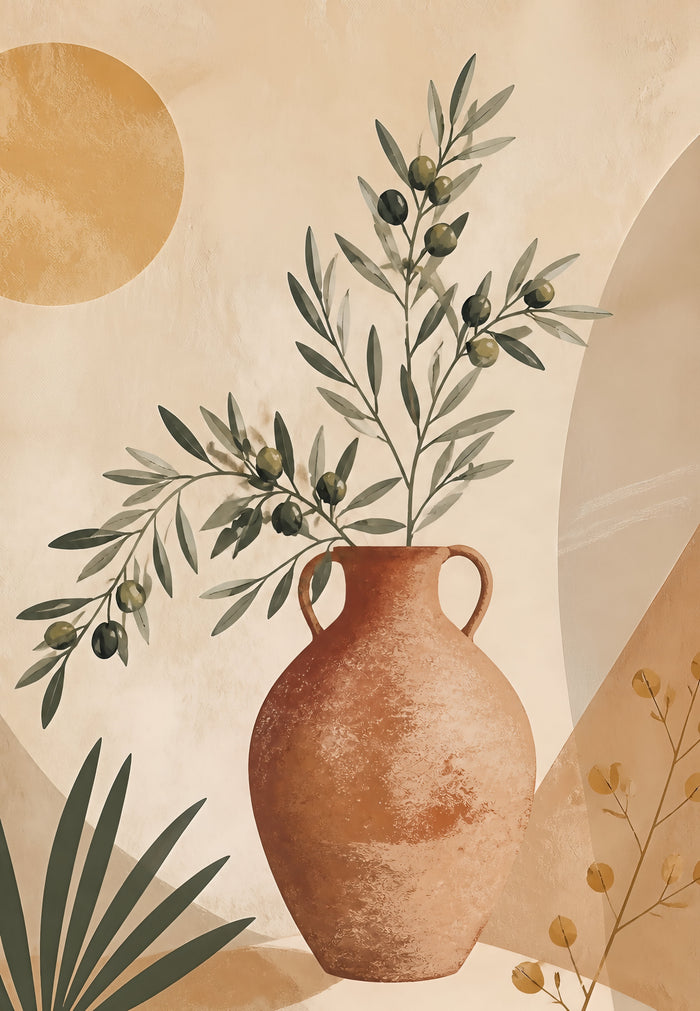 Affiche amphore terracotta branches d'olivier et soleil