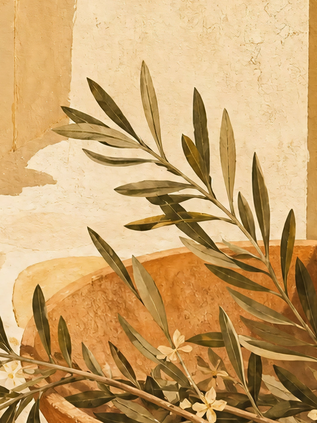 Detail a taille reelle du tirage, affiche mediterraneenne bol dolivier sur terrasse ensoleillee