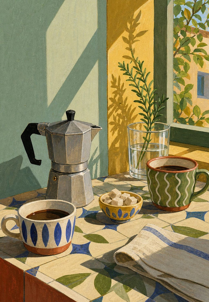 Affiche nature morte café moka tasses carreaux soleil
