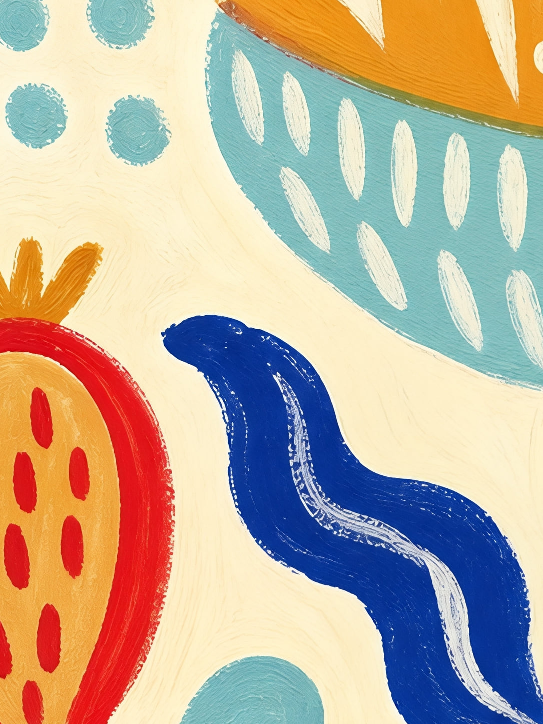 Detail a taille reelle du tirage, affiche tendances deco jardin folk bleu rouge et jaune