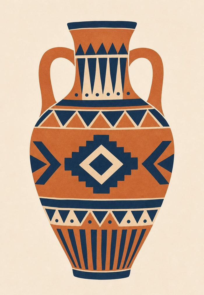 Amphore de terre cuite à deux anses sur fond crème, réglée en frises de triangles, chevrons et grand losange emboîté en indigo et crème.