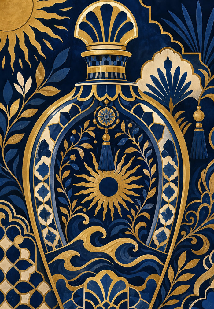 Flacon en ogive cerné d'or sur bleu de nuit, panse ornée d'un soleil rayonnant et de rinceaux, entouré de palmes, éventails et vagues dorées.