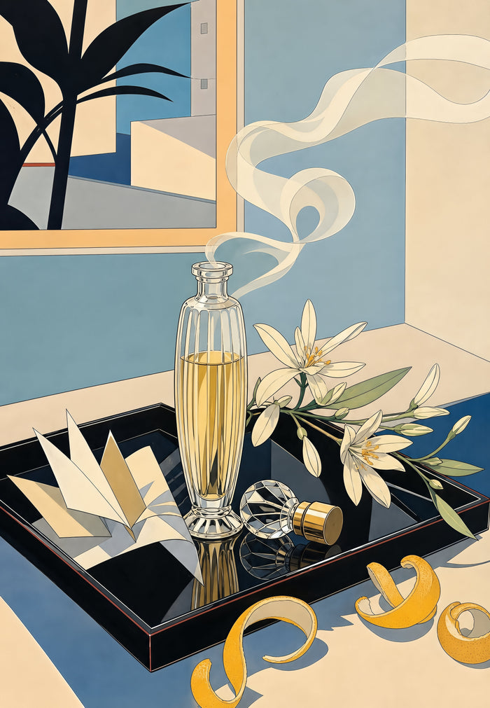 Flacon de verre cannelé au liquide ambré sur un plateau laqué noir, avec fleurs d'oranger, touches de papier, volute translucide et zestes d'agrume.