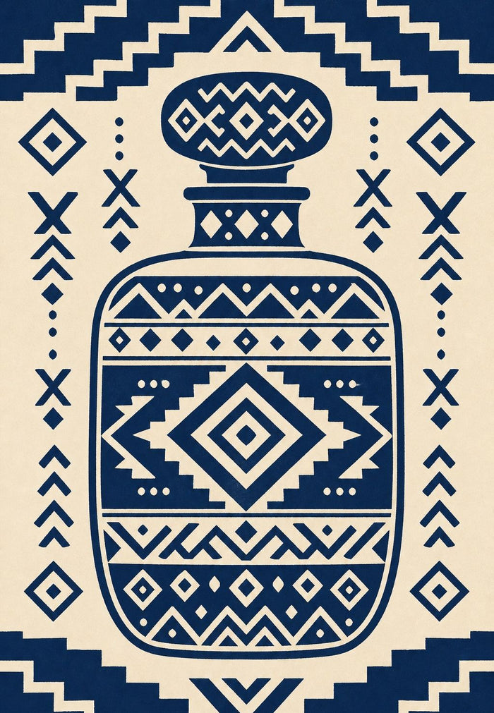 Flacon indigo couvert de bandes de motifs géométriques, grand losange concentrique au centre, dans un encadrement crénelé sur fond crème.