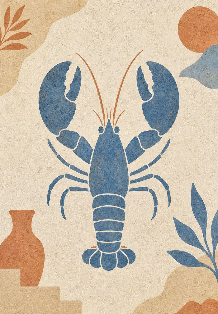 Homard bleu sur un mur de crépi blanc cassé, entouré d'une jarre de terre cuite, d'un disque plein, de deux rameaux et d'un escalier.