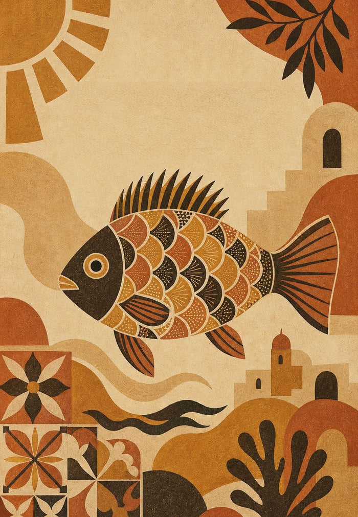 Un poisson couvert d'écailles ouvragées flotte au centre, chaque rangée reprenant un motif différent : éventails, pointillés, hachures, aplats.