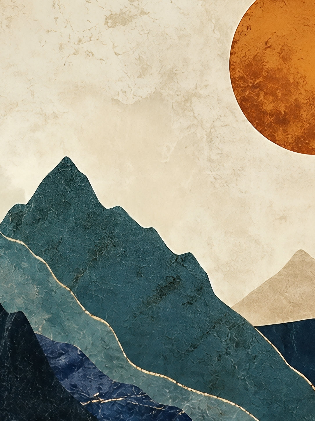 Detail a taille reelle du tirage, affiche tendances deco montagnes soleil orange