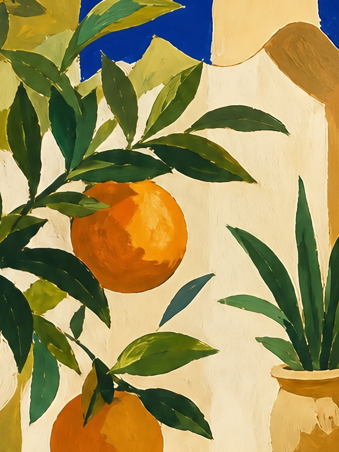 Detail a taille reelle du tirage, affiche tendances deco oranger pot bleu terrasse