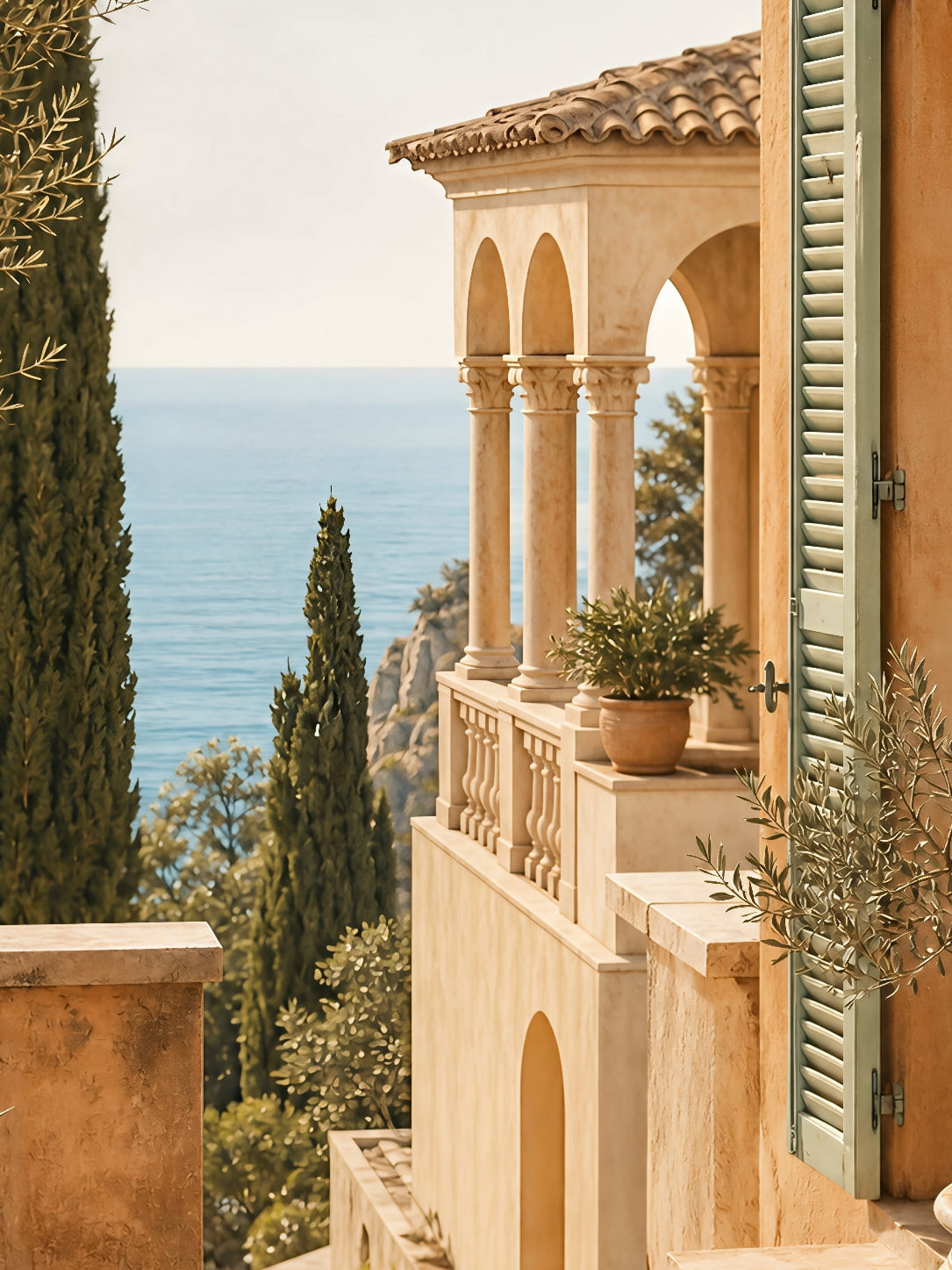 Detail a taille reelle du tirage, affiche terrasse mediterraneenne sur la mer paysage