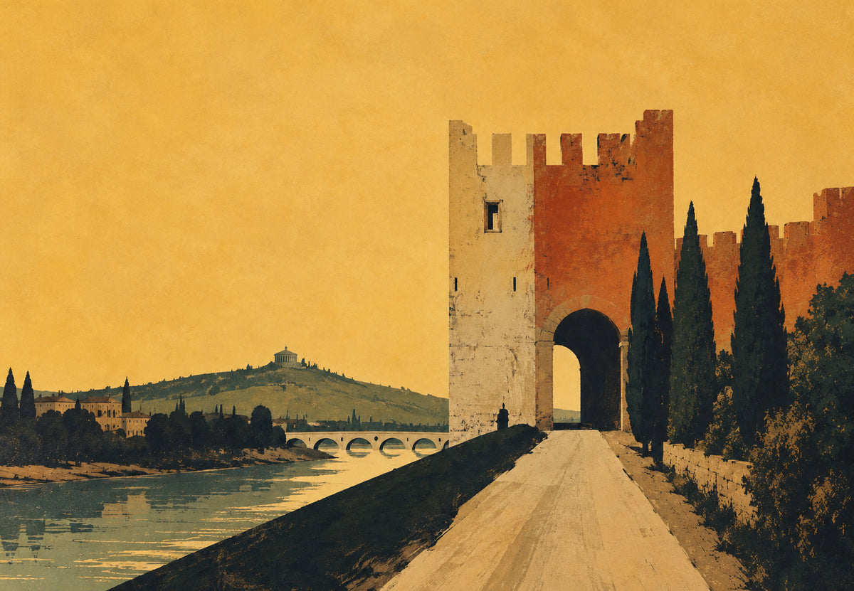 Vérone - La porte fortifiée sur la route (Paysage)