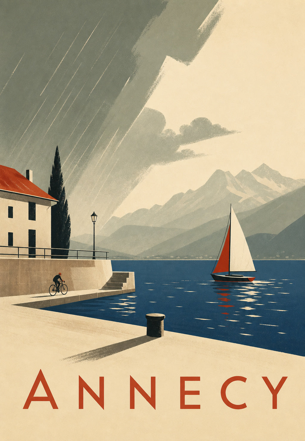 Annecy, a vitorlás az esőben