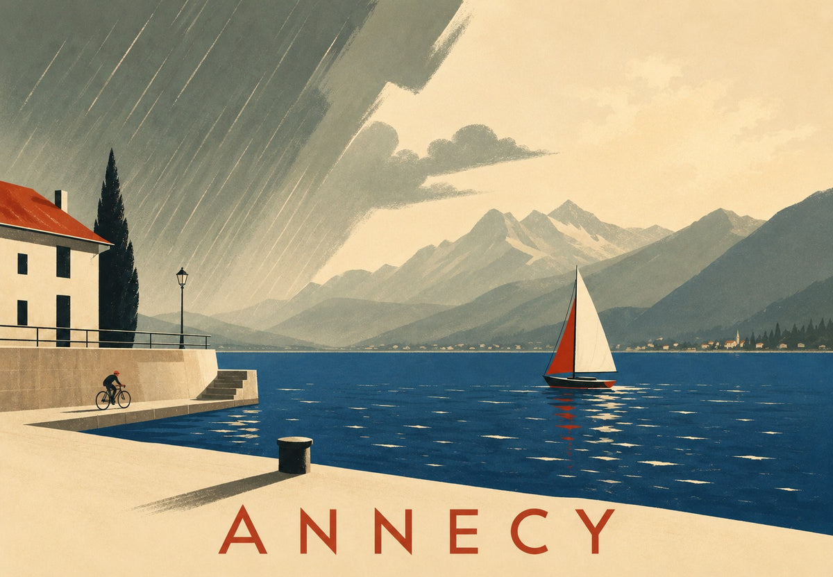 Annecy, de zeilboot in de regen (Liggend)