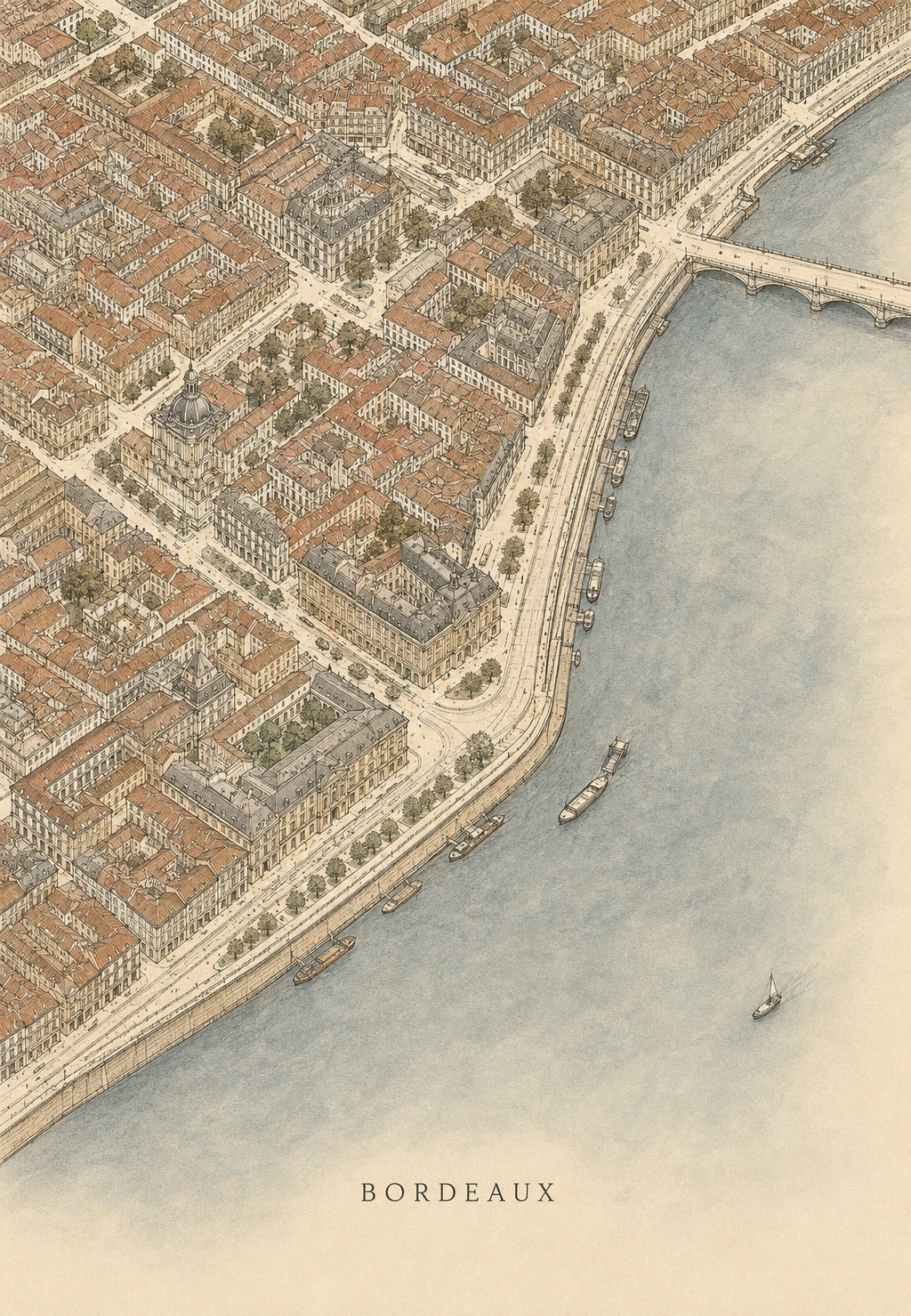 Bordeaux aus der Vogelperspektive über der Garonne