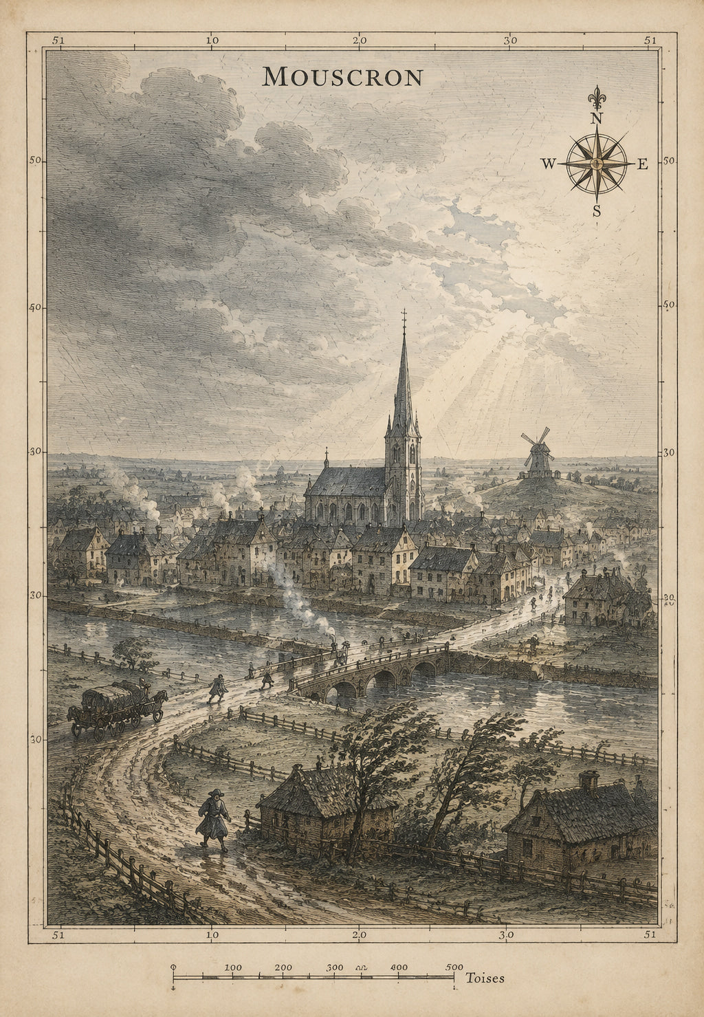 Stadt mit gotischem Kirchturm, Brücke und Windmühle unter Wolken
