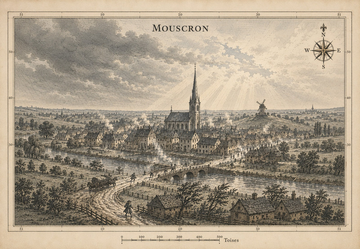 Stadt mit gotischem Kirchturm, Brücke und Windmühle unter Wolken (Querformat)