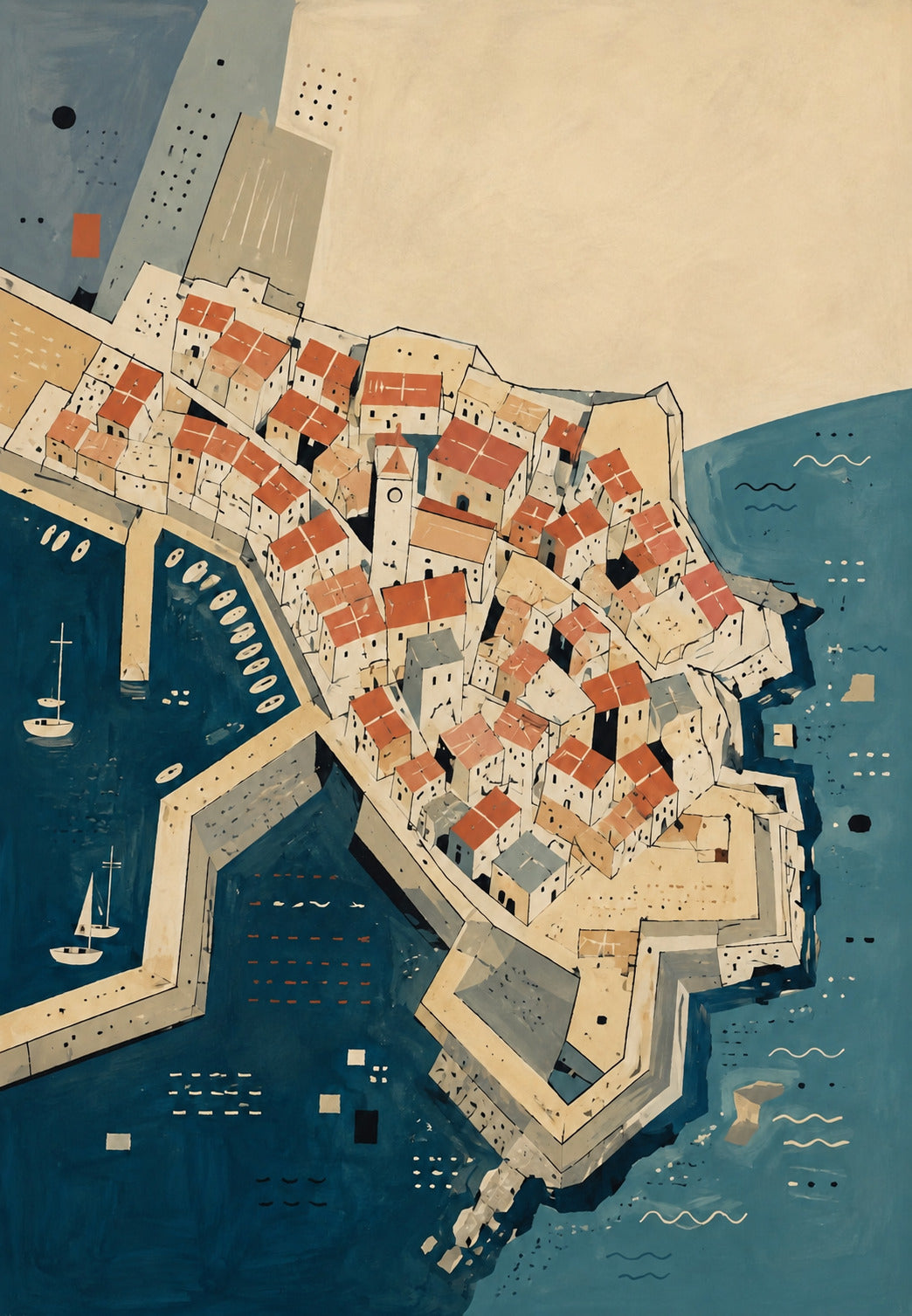 Città fortificata e tetti rossi vista dall'alto