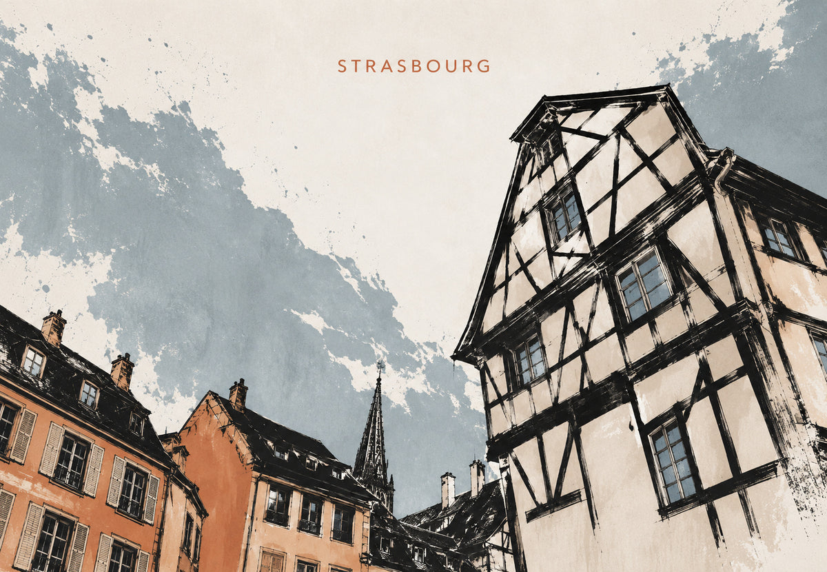 Fachwerkhäuser und die Turmspitze von Straßburg (Querformat)