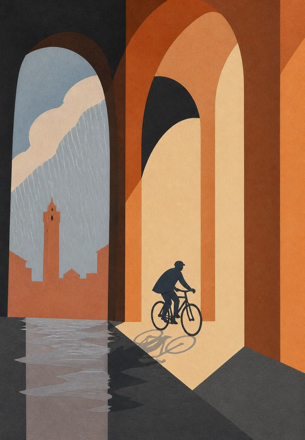 Cyclist Beneath the Terracotta Arcades