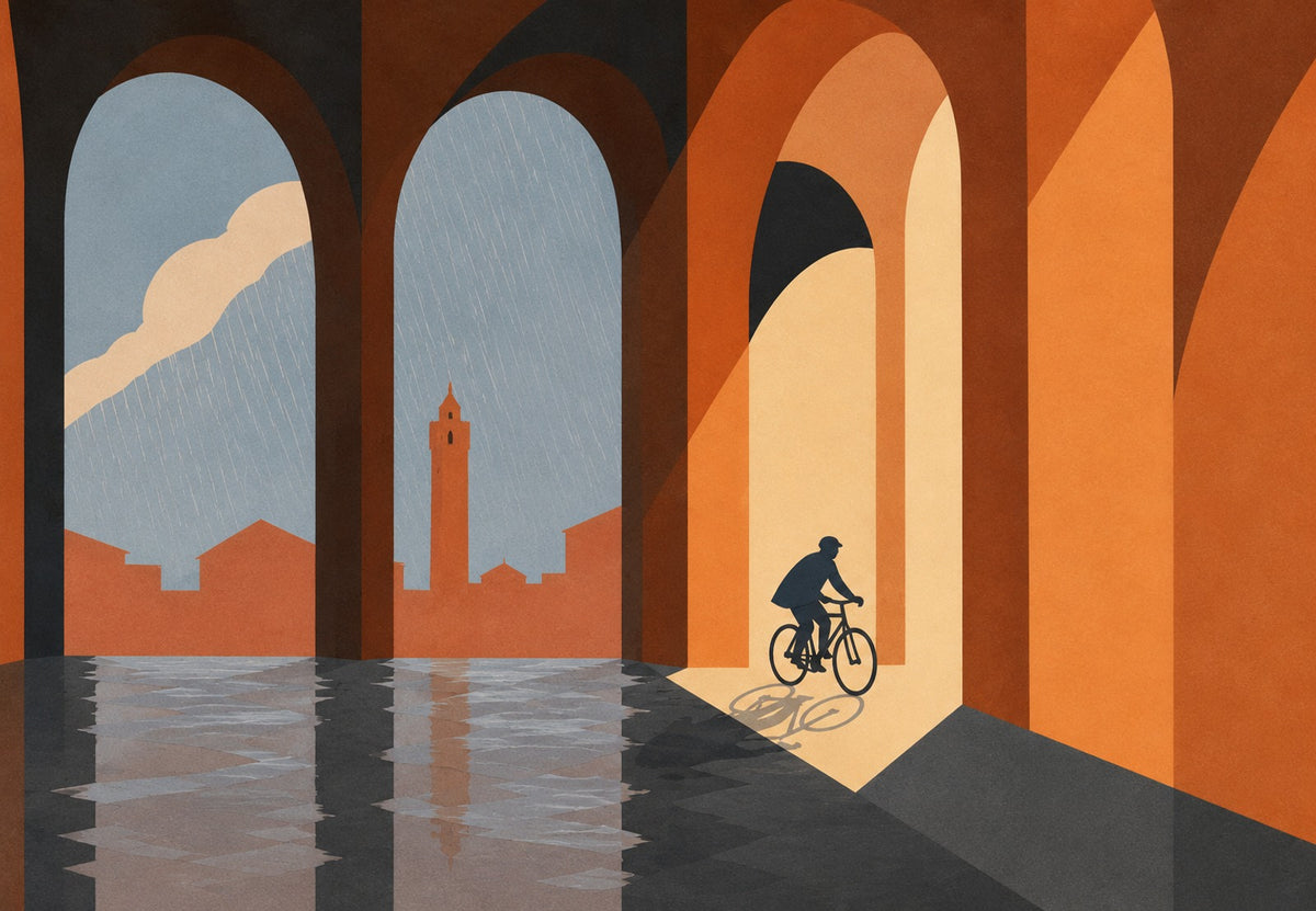 Cyclist Beneath the Terracotta Arcades (Landscape)