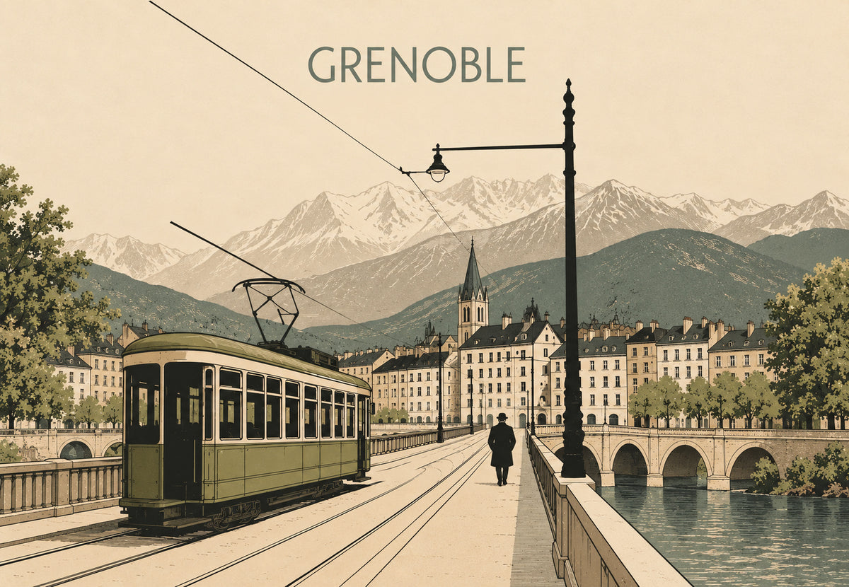 Grenoble, Tram and Alpine Peaks (Landscape)