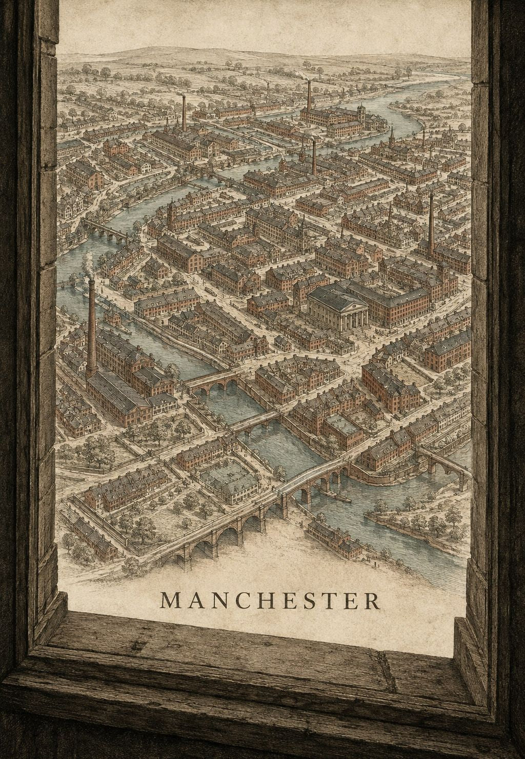 Industrial City with Brick Chimneys Seen from Above