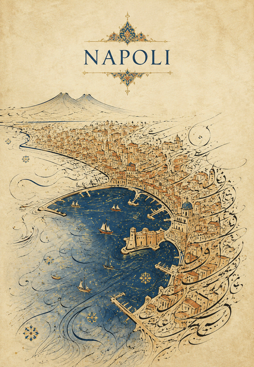 Die Bucht von Neapel unter goldenen Schwüngen