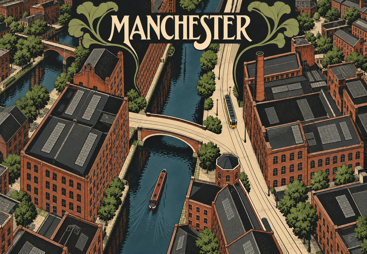 Manchesters Industriekanal aus der Vogelperspektive (Querformat)