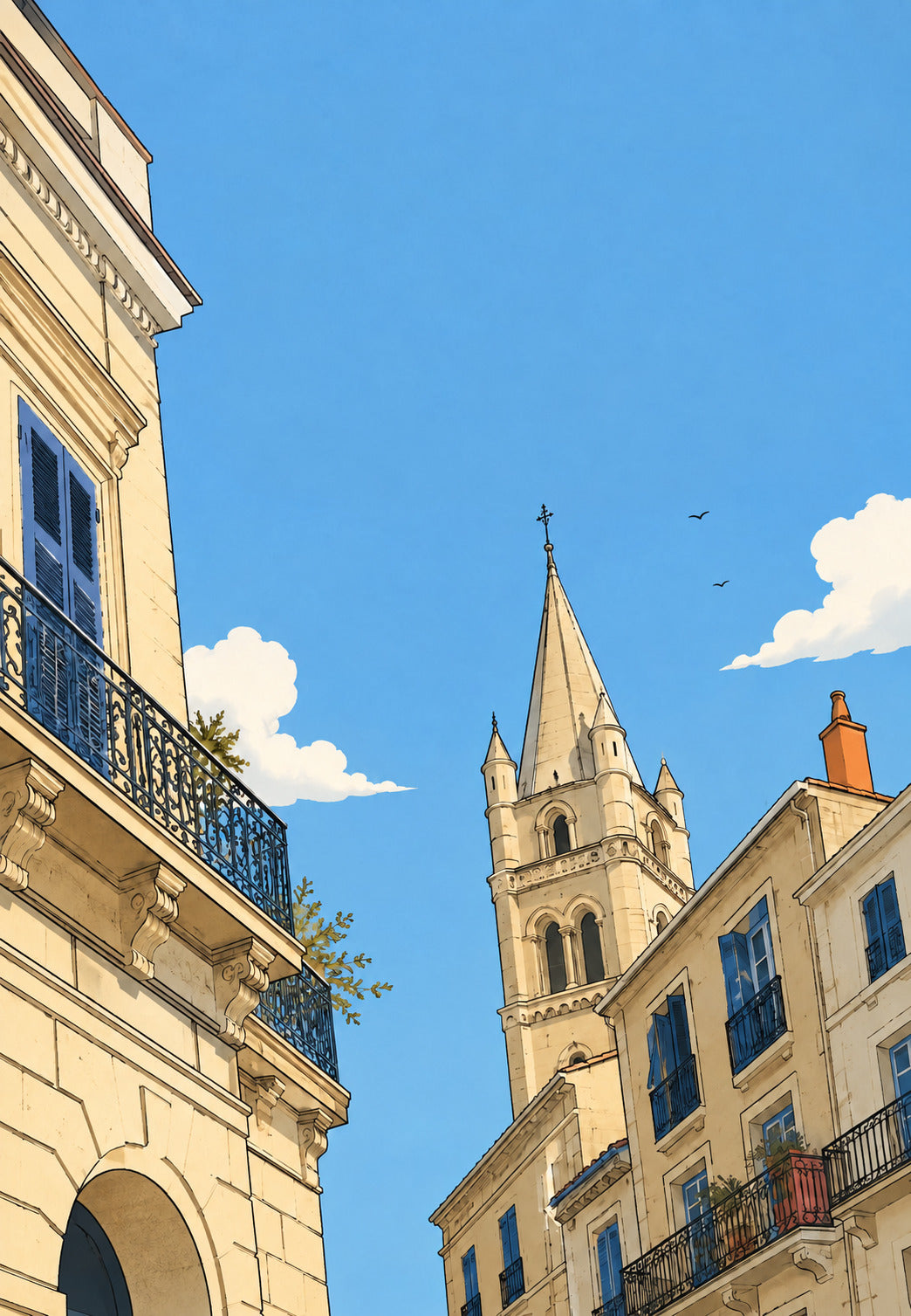 El campanario entre las fachadas de Montpellier