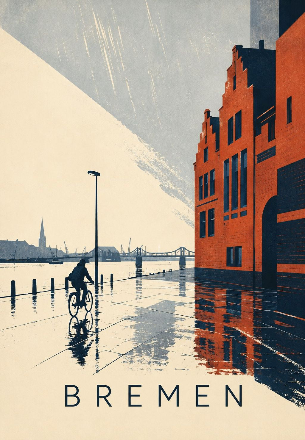 El muelle rojo de Bremen bajo la lluvia