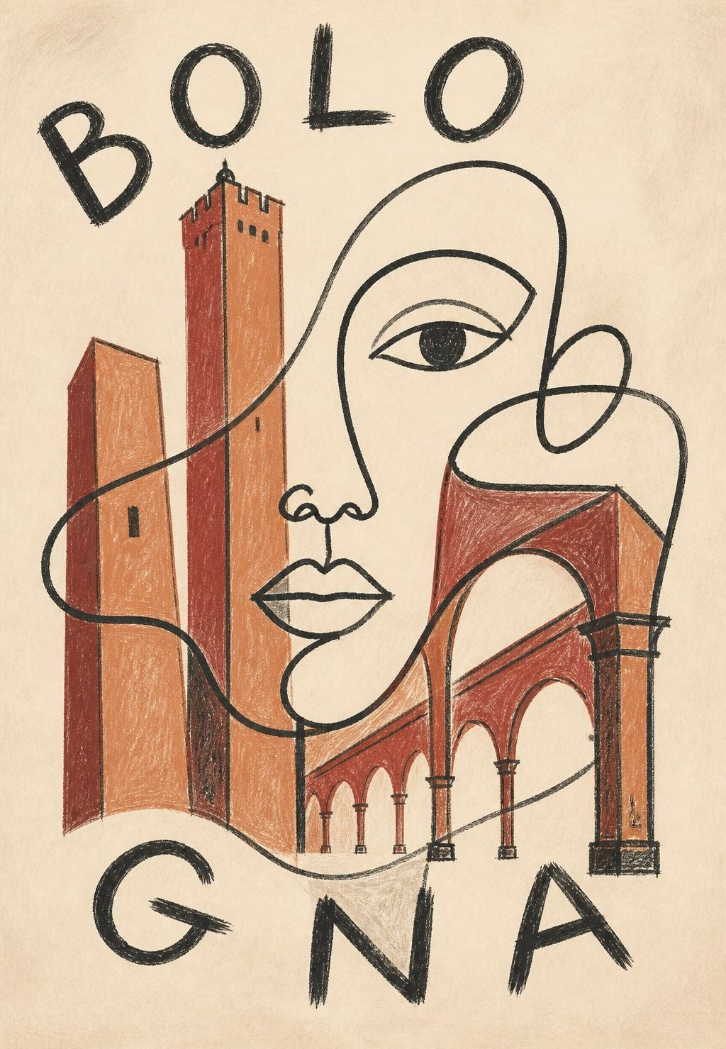 Das Gesicht zwischen den Türmen von Bologna