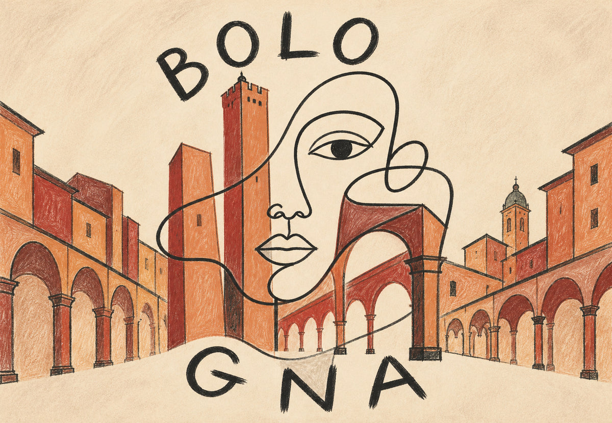 Das Gesicht zwischen den Türmen von Bologna (Querformat)