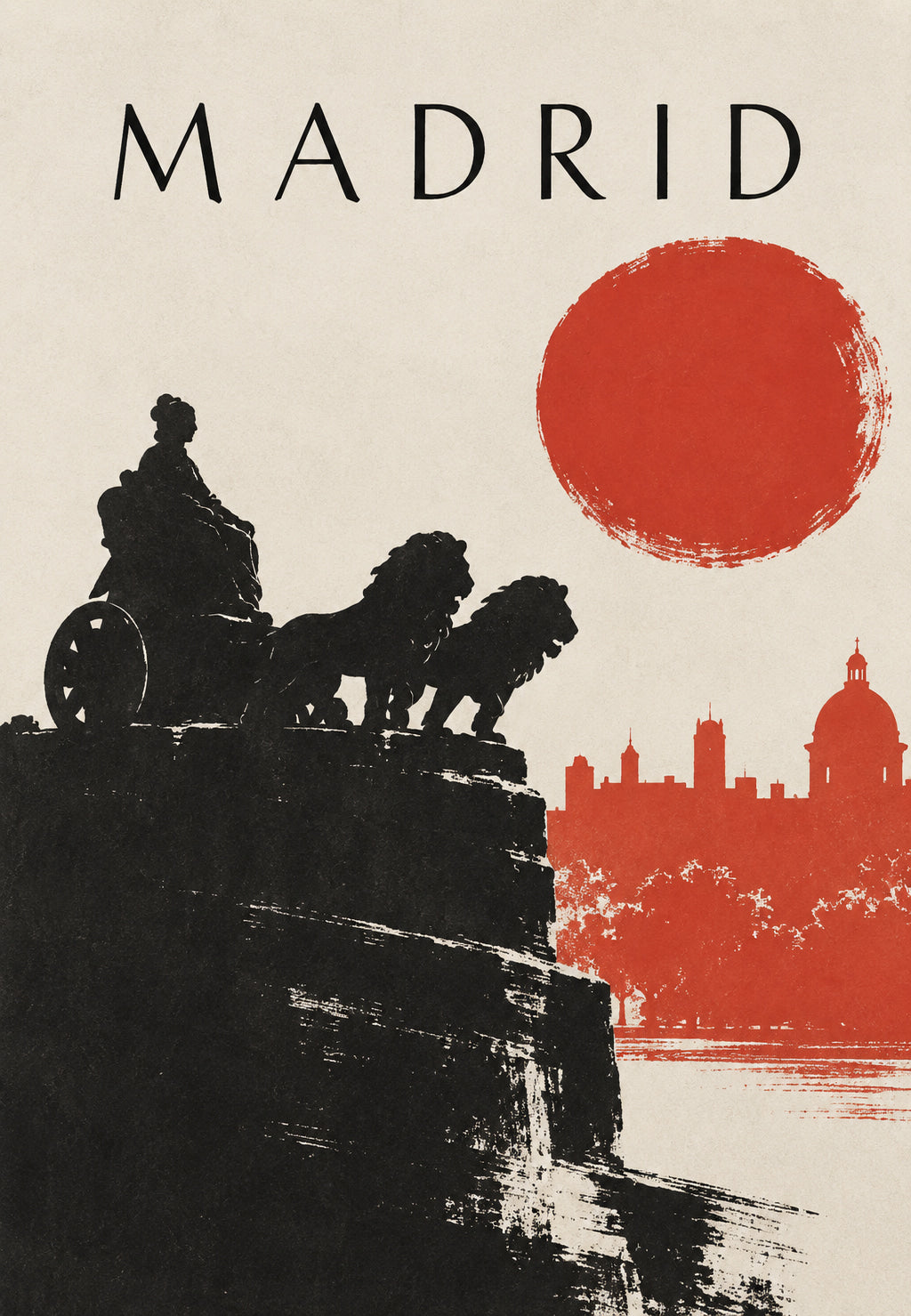 Madrid, la statua e il sole rosso