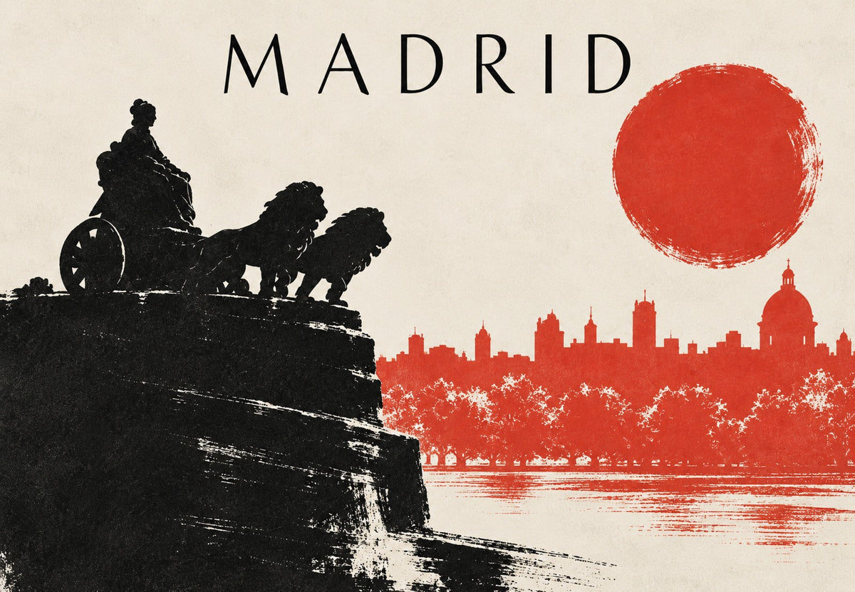 Madrid, la statue et le soleil rouge (Paysage)