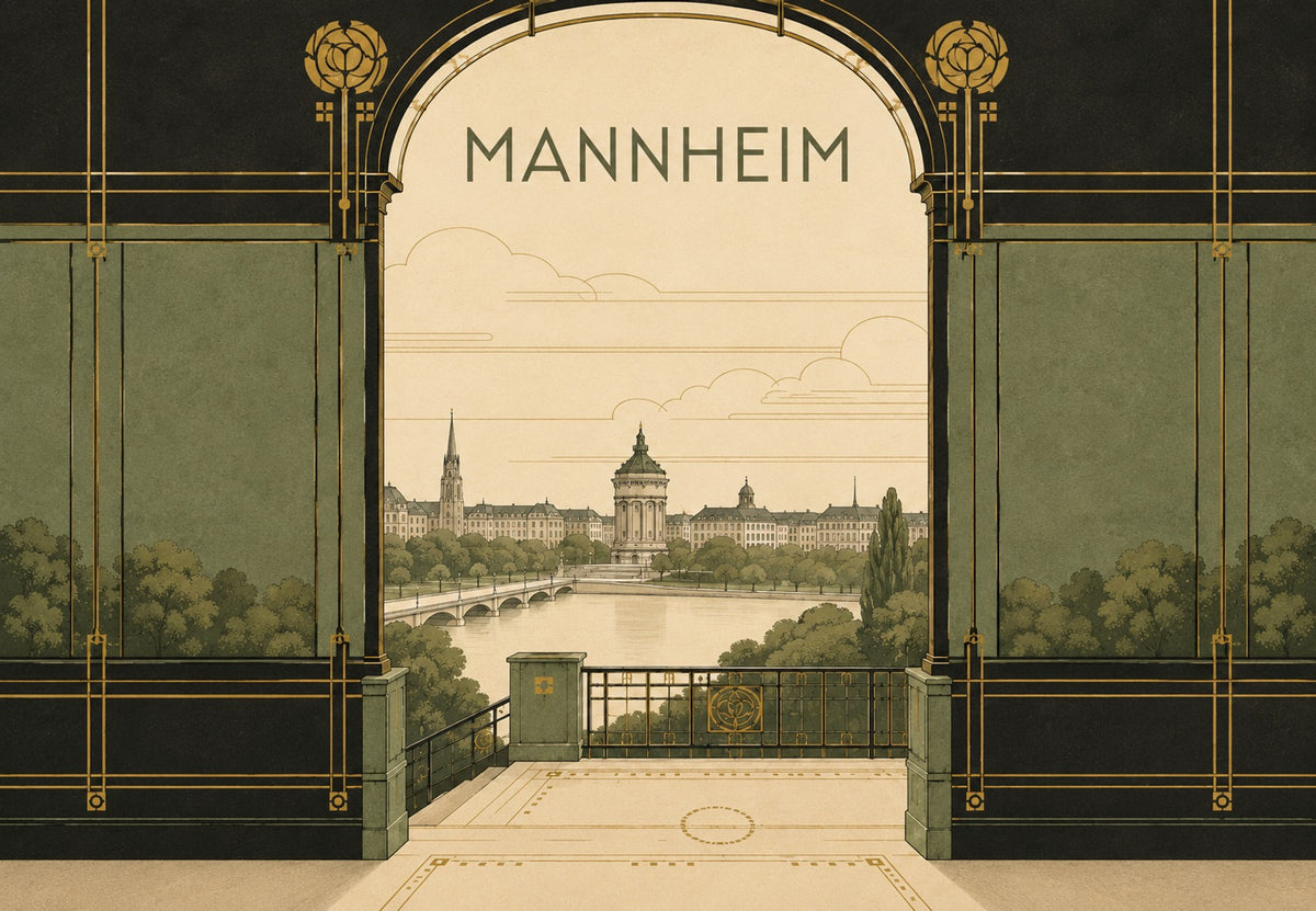 Mannheim, vodárenská věž pod obloukem (Na šířku)
