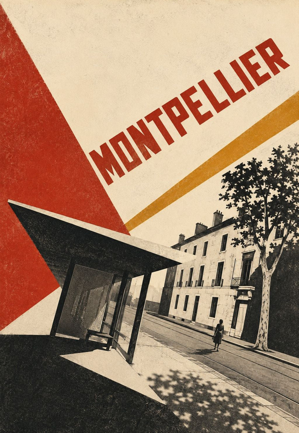 Montpellier, a villamosmegálló a platánfák alatt
