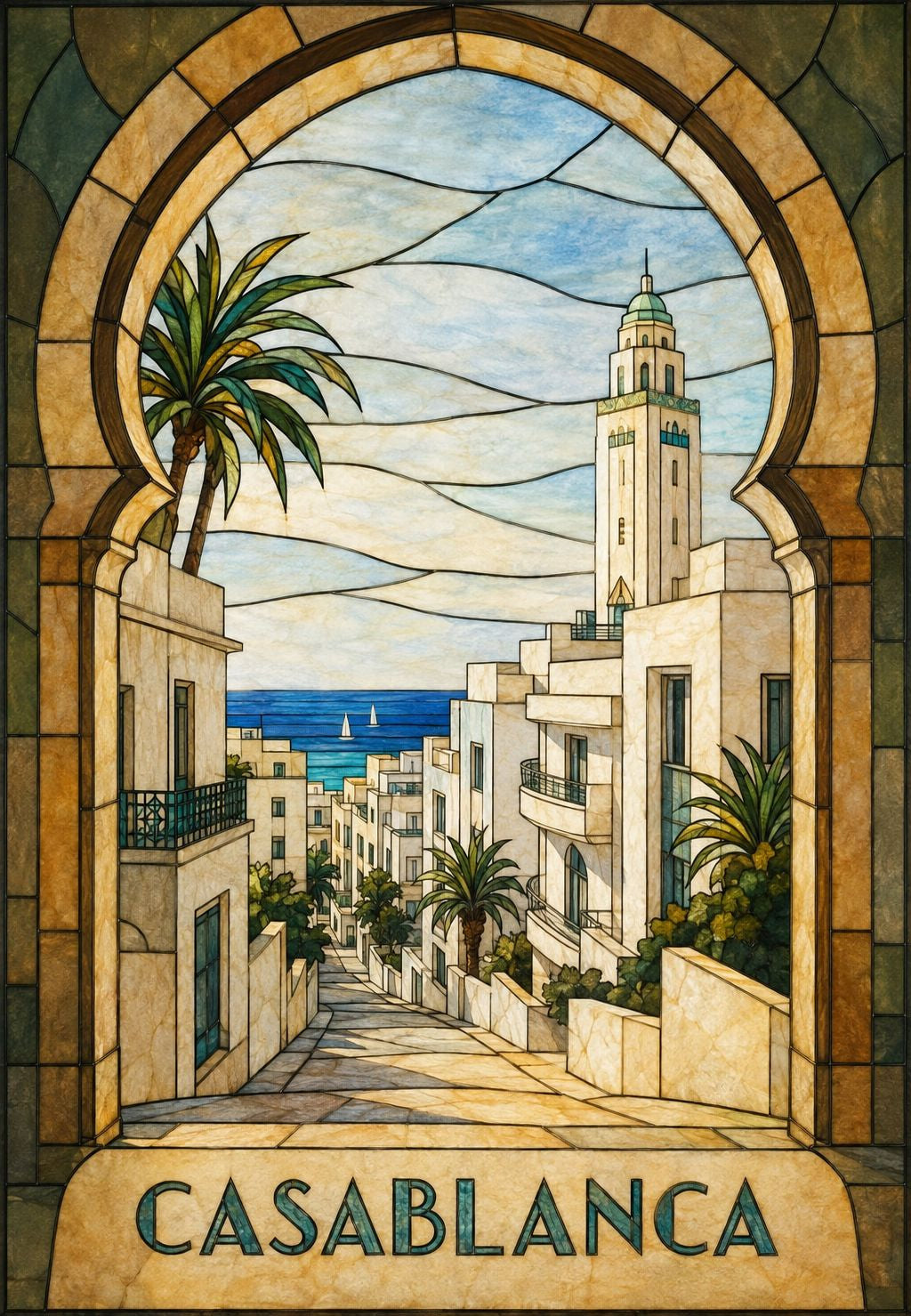 Vicolo bianco e palme di fronte al mare