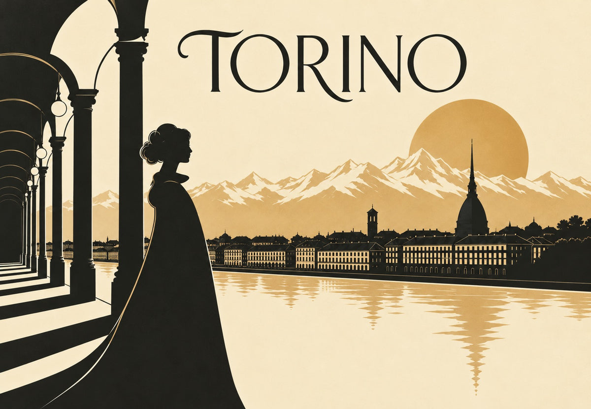 Silhouette in der Dämmerung an den Arkaden von Turin (Querformat)